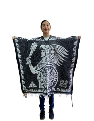 MEXICAN PONCHO , CALENDARIO AZTECA , MEXICO , AZTEC  ,WARRIOR , WHITE & BLACK - Image 1 of 3