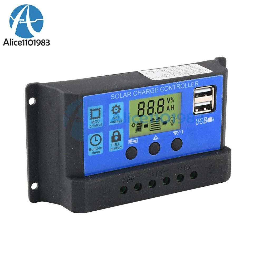 Pannello Solare 12V 24V 10A 20A 30A Regolatore di Carica Batteria LCD Doppio USB - Immagine 1 di 4