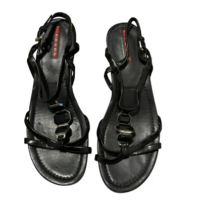 Sandalia de plataforma Prada de cuero negro con correa al tobillo talla 37 Foto 1 de 4