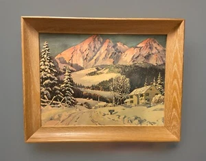 Vintage MCM 9x12” Original Framed Litho Print “Winter Mountain Village” - Picture 1 of 5
