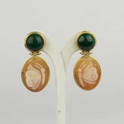 ORECCHINI IN ARGENTO 925 DORATO CON MALACHITE E CAMMEI FARFALLA AGHT 0739 - Immagine 1 di 3