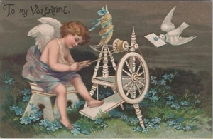 Valentine Cupid Angel Spinning Wheel White Dove Letter In Beak 1907 postcard NP8 - Picture 1 of 2