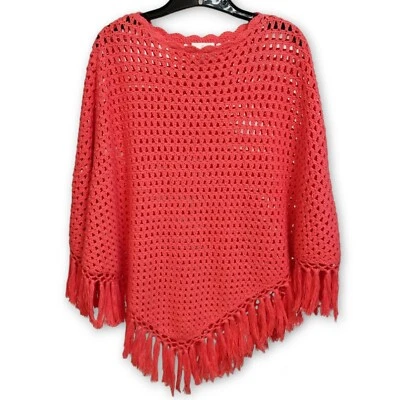 Poncho de ganchillo con flecos JULIE BROWN NYC coral brillante naranja rosa pequeño Foto 1 de 4