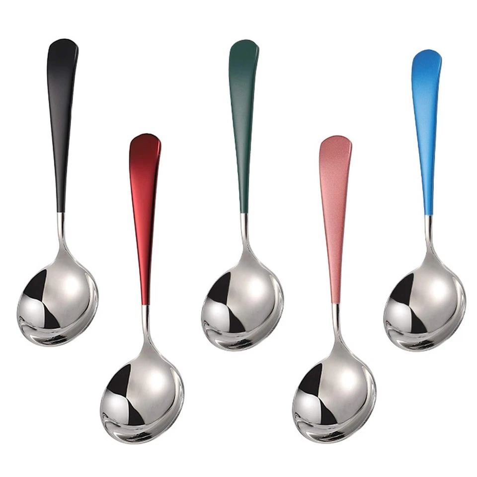 Stainless Steel Dinner Spoons for Soup Metal Short Handle Colorful Set of 5
