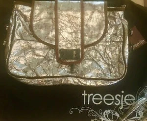 Treesje Bag NWT Vintage Metallic Silver Leather Brown Trim Carry Strap Dust Bag - Picture 1 of 6