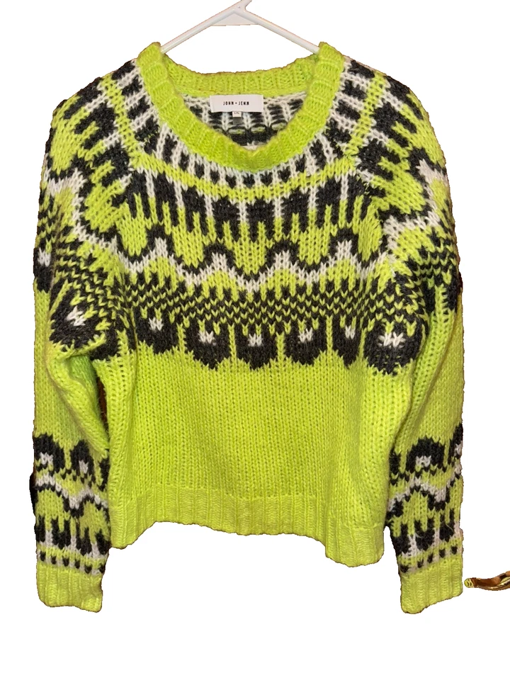 John + Jenn Women's Sz Large Chunky Knit Crewneck Sweater Gray neon green - Image 1 of 4