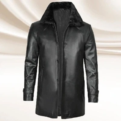 Black Leather Car Coat Jacket Men Pure Sheepskin Aviator Leather Mid-Length Coat - Image 1 of 4