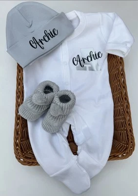 Baby Boy coming Home Outfit sleepsuit Hat Booties Newborn Personalised Grey - Image 1 of 4