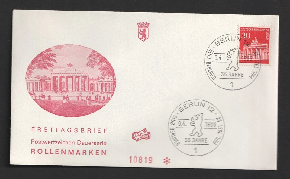 1965 Germany Berlin Coil Stamp 30pf Brandenburg Gate FDC. Berlin First Day Cover - Image 1 of 1