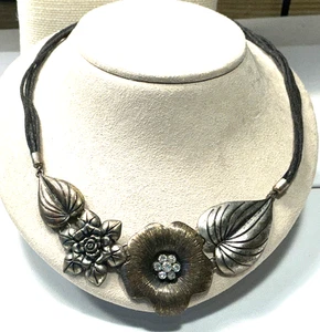 Fashion Necklace Silver Brass Crystal Rhinestone Flower Leaf Cord Choker Lot 66B - Picture 1 of 3