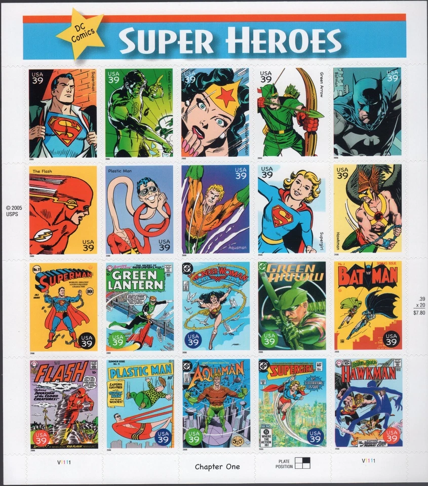 Scott #4084 DC Super Heroes (Superman, Batman) 39¢ Sheet of 20 Stamps - MNH - Image 1 of 3