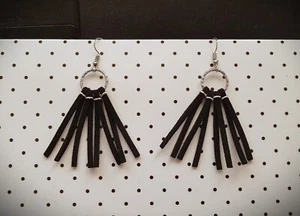 Black suede tassel dangle earrings - handmade- Boho Etnic Fun Edgy Elegant - Picture 1 of 6