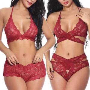 Women's Sexy Two Piece Lace Lingerie Sleepwear Halter Bra Panty Set Underwear US - Picture 1 of 39