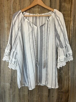 Top Campesino Style & Co Boho Borla Manga Campana Negro Blanco Playa Festival Talla 1X Foto 1 de 4