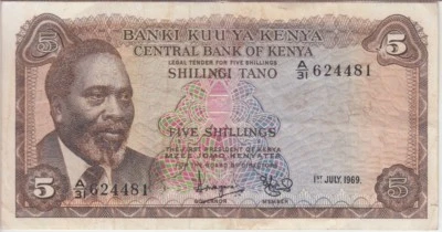 Kenya Banknote P.6a-4481 5 Shillings 1969 Prefix A/31,Small tear at right,F 2001 - Image 1 of 2