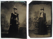 2 Old Tintype Photos; Young Woman with Pretty Hat + Another Woman in Studio