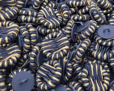 10 pcs 26mm Black Satin & Metallic Gold Trim Fabric Sewing Shank Buttons VTG - Image 1 of 2