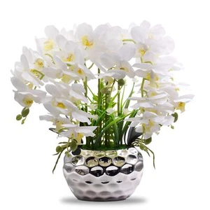 Faux Orchid Artificial Flowers with Silver Ceramic Vase, Artificial Plants fo... - Picture 1 of 7