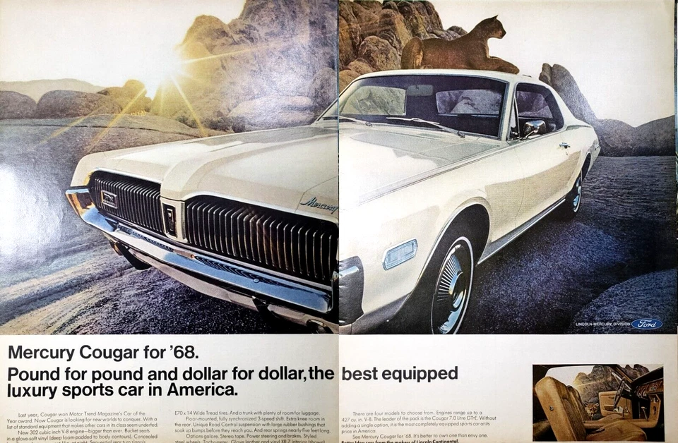 PRINT AD 1967 Mercury Cougar for 68 Luxury Sports Car Ford V8 2 Pages - Image 1 of 1
