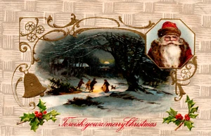 Christmas Postcard Old World Santa Claus Winch Back Holly Berries Embossed - Picture 1 of 5