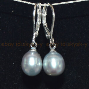 8-9mm Gray Natural Freshwater Rice Pearl Dangle Silver-plated Leverback Earrings