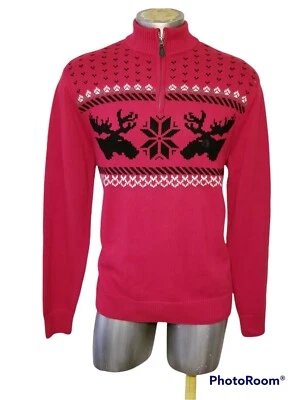 NWT CHAPS COTTON MOOSE CHRISTMAS 1/4" ZIPPER SWEATER MEN RED SIZE LARGE - Image 1 of 4
