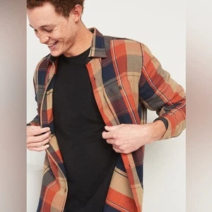 OLD NAVY Men Orange Navy Plaid Twill Flannel Shacket M Regular Fit Heavyweight - Picture 1 of 12