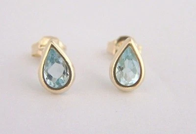 PENDIENTES TACHUELAS AGUAMARINA AGUAMARINA LÁGRIMA PEQUEÑA ORO 9ct mamá niña X'mas REGALO N Foto 1 de 4