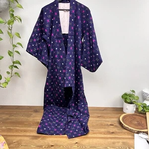 Vintage Japanese Kimono Robe Long Pink Navy Blue Kasuri Ikat Colorful Pattern - Picture 1 of 7