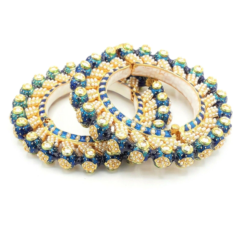 Joyería India 2 piezas Bollywood Jadau Hyderabad Nuevo Juego de Brazaletes Kada Chapados en Oro Foto 1 de 1