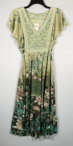 Bila Dress Womens XL Olive Green Long Floral Tie Waist Lace Short Sleeves NWT - Picture 1 of 7