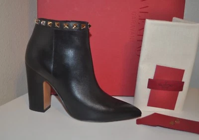 Valentino Rockstud Punta Punta Punta NEGRA Cuero Botines Bota Tacón Bloque 35.5 Foto 1 de 4