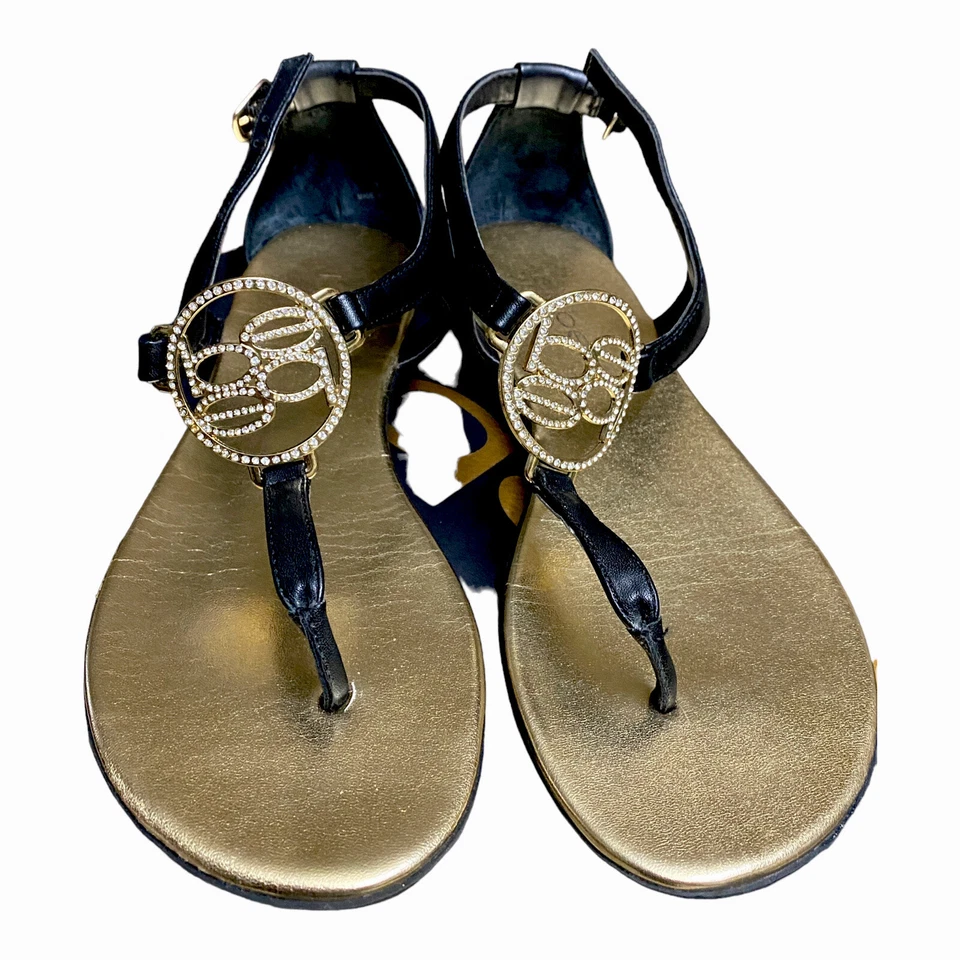 Sandalias planas Bebe estilo romano negras y doradas para mujer talla 7 | elegantes y cómodas Foto 1 de 4