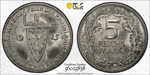 Selten 1925 F Weimar Deutschland 5 Mark 1000 Jahre Rhein - Mittelalter Ritter - PCGS MS64 - Bild 1 von 3