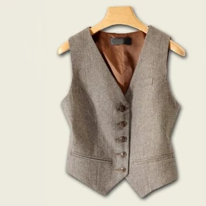 Formal Womens Wool Blend Tweed Vest Herringbone Slim Fit Waistcoat Outwear Gilet - Picture 1 of 17