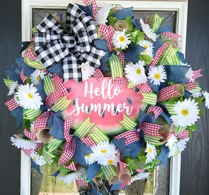 XL Spring Summer Watermelon Denim Daisy Floral Deco Mesh Front Door Wreath Decor - Picture 1 of 6