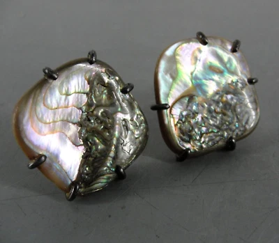ABALONE SHELL STERLING SILVER 925 MENS CUFFLINK SET PAIR STUDIO ART HANDMADE VTG - Image 1 of 4