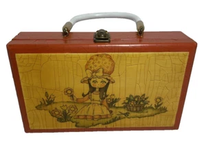 Cigar Box Purse Box Handle Girl with Flowers Orange Yellow Crazing Hand Made VTG - Picture 1 of 13