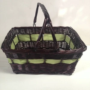 NEW Willow Basket Dark Brown With Double Folding Handles Detachable Green Ribbon - Picture 1 of 10