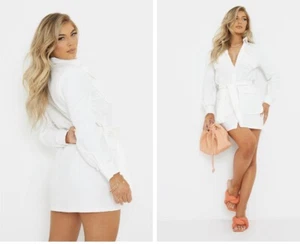PrettyLittleThing UTILITY TIE WAIST SHIRT DRESS Women’s Sz. 10 white cotton NWT - Picture 1 of 13