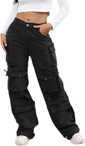 Women'S High Waist Baggy Jeans Flap Pocket Cargo Pants Loose Denim Pants Streetw - Picture 1 of 12