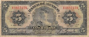 Mexico 5 Pesos 1.9.1943 Series R Prefix K Circulated Banknote Top7 - Picture 1 of 2