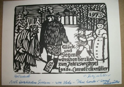 Conrad Felixmüller, Neujahrsgruß 1973 Sign. O-Holzschnitt mit persönl. Grüßen - Bild 1 von 2