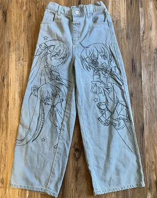 Pantalones holgados, patinadores, pierna ancha con estampado de anime para niñas talla 10 Foto 1 de 4