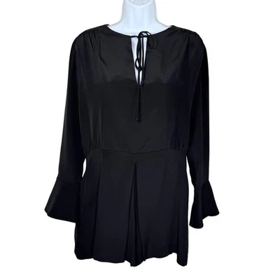 Derek Lam Black Silk Romper Long Bell Sleeve Keyhole Tie Front 6 NWOT - Image 1 of 4