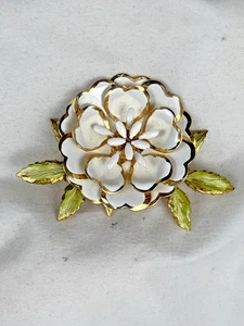 Brosche Anstecknadel Coro signiert groß Lagenlook Emaille Blume goldfarben Vintage - Bild 1 von 11