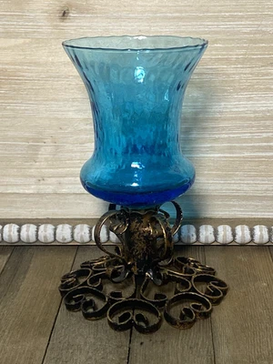 Made in Spain Spanish Revival Hand Blown Blue Glass & Scroll Candle Holder Vase - Image 1 of 4