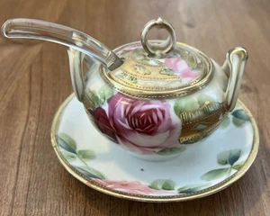 Antique Sugar Condiment Fixed Underplate Glass Spoon Pink Roses Gold Trim - Picture 1 of 6