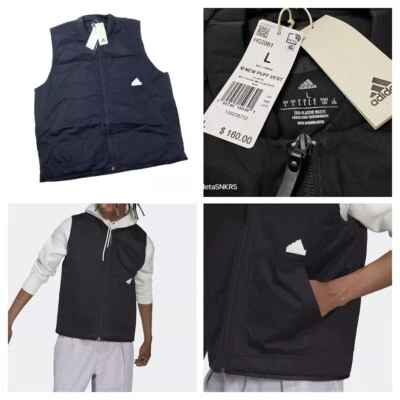 Adidas L Hombre Chaleco Negro/Blanco Puffer Chaqueta Repelente al Agua Retro Raro HG2061 Nuevo Foto 1 de 4