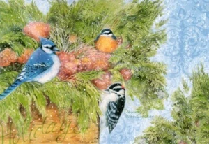 Merry Christmas Woodpecker Blue Jay Sherri Buck Baldwin Leanin' Tree Card - Picture 1 of 4